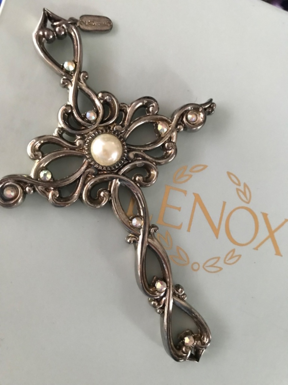 Lenox Silverplate Antiqued 3D Cross ornament with crystals and pearl accents